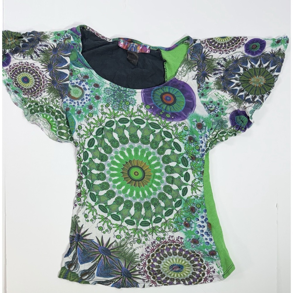 Desigual Made in Spain Psychedelic Graphic Top Womens Small Y2K Mandala Tee